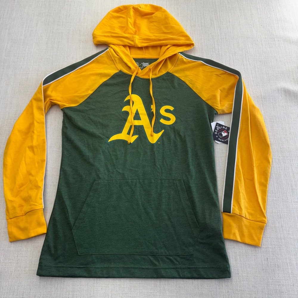 MLB Oakland Athletics Hoodie Mens Small Green Yellow Raglan Campus Lifestyle NEW